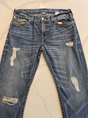True Religion Men's Distressed Blue Slim Straight Jeans 36 Waist 32-34 Length